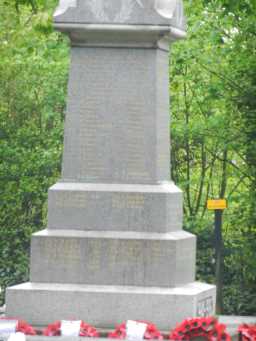 Oblique view of inscriptions on left side of Burnopfield War Memorial May 2016